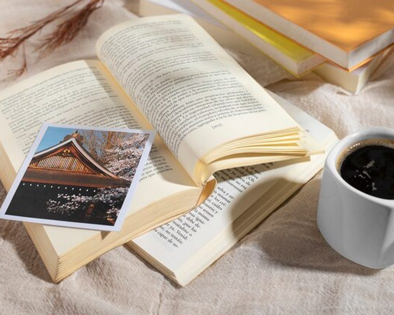 Livros de arte e fotografia abertos sobre a mesa da livraria