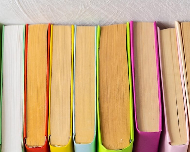 Estante de literatura brasileira com lombadas coloridas